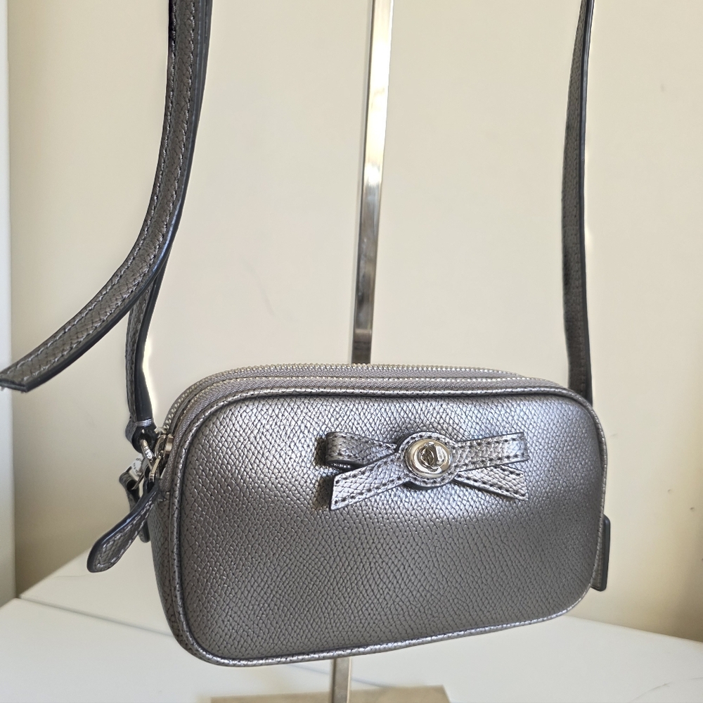 Metallic Silver Crossbody Bag with Bow Accent